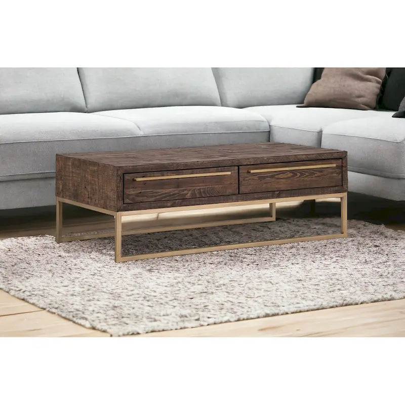HomeRoots 47 Dark Brown And Gold Metal Coffee Table With Drawer - 46.5