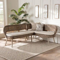 Raisa Modern Bohemian Natural Kubu Rattan and Acacia Wood 2-Piece Dining Nook Banquette Set