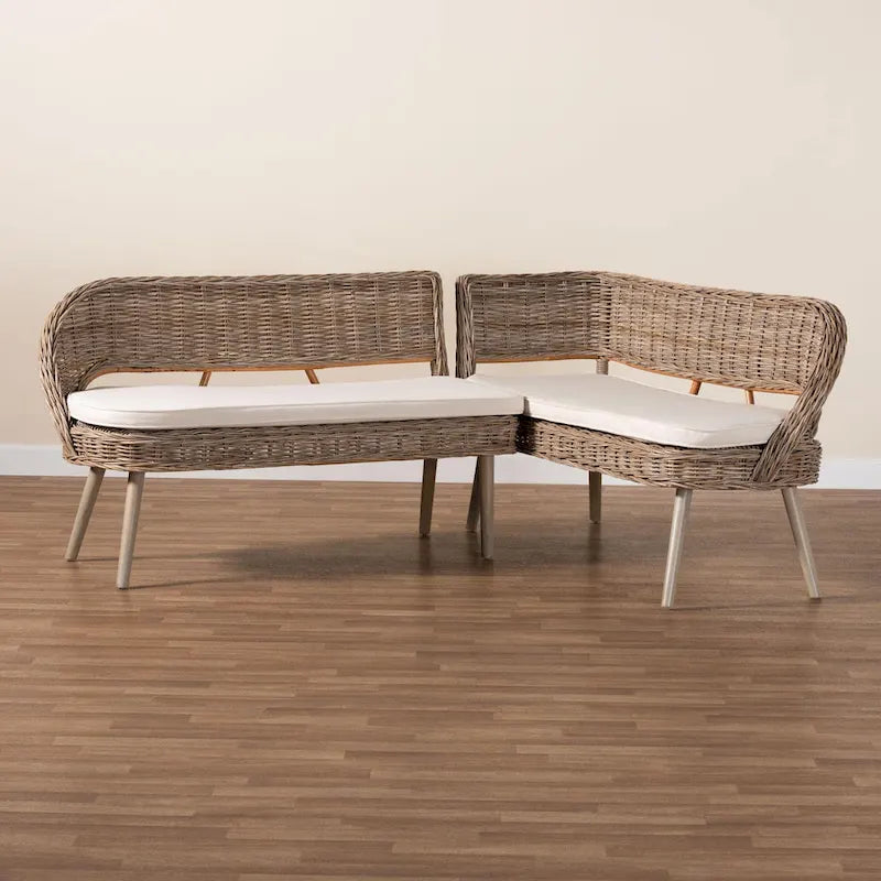 Raisa Modern Bohemian Natural Kubu Rattan and Acacia Wood 2-Piece Dining Nook Banquette Set