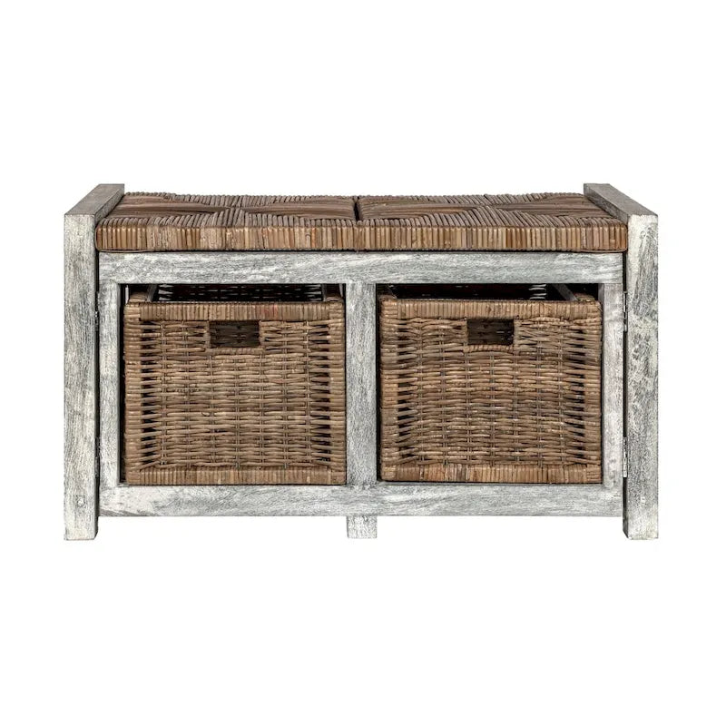 happimess Rustic 30 2 Drawer Wicker Storage Bench, Gray