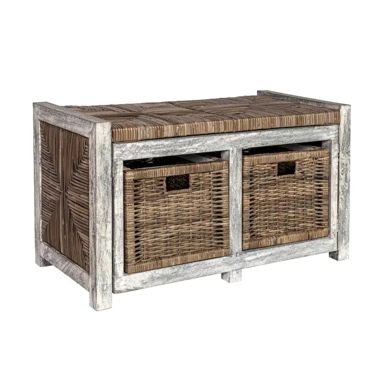 happimess Rustic 30 2 Drawer Wicker Storage Bench, Gray