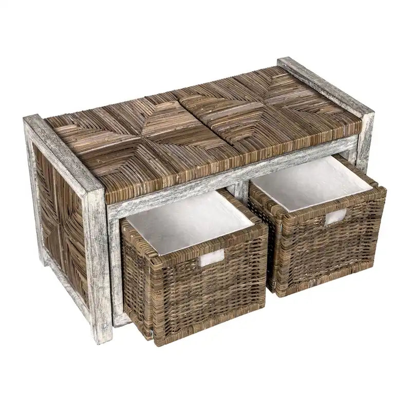 happimess Rustic 30 2 Drawer Wicker Storage Bench, Gray