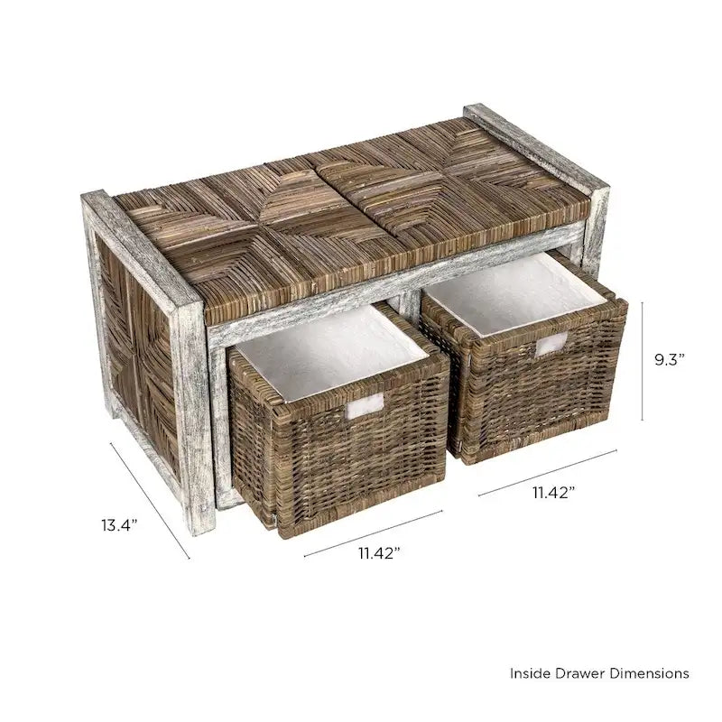 happimess Rustic 30 2 Drawer Wicker Storage Bench, Gray
