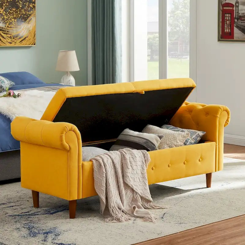 Storage Bench for Bedroom End of Bed Rolled Armed Linen Fabric Ottoman Couch Long Bench
