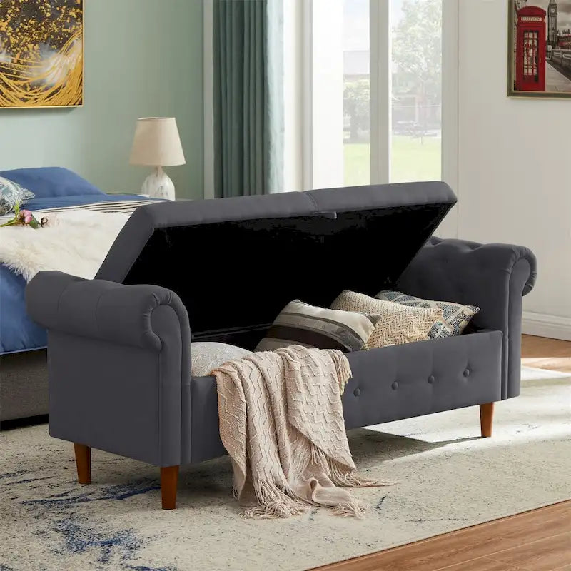 Storage Bench for Bedroom End of Bed Rolled Armed Linen Fabric Ottoman Couch Long Bench