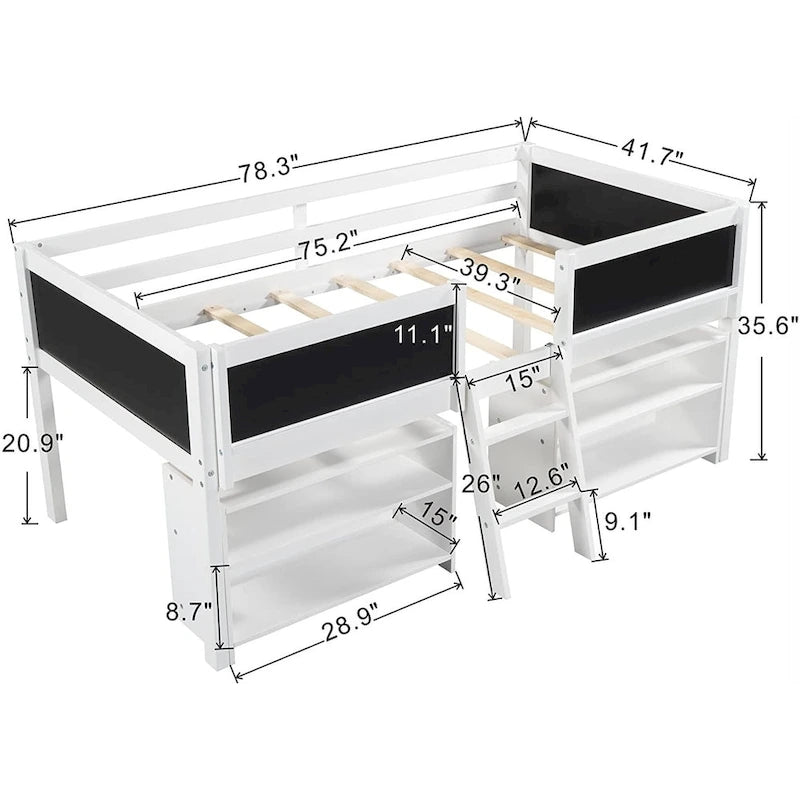 Twin Size Low Loft Bed with 2 Movable Shelves and Ladder & Chalkboard