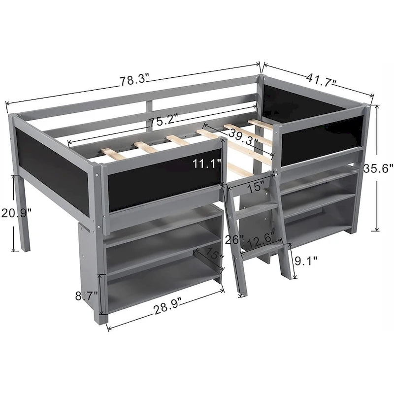 Twin Size Low Loft Bed with 2 Movable Shelves and Ladder & Chalkboard