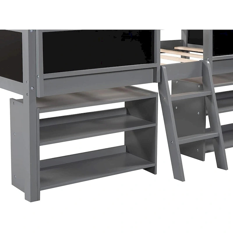 Twin Size Low Loft Bed with 2 Movable Shelves and Ladder & Chalkboard