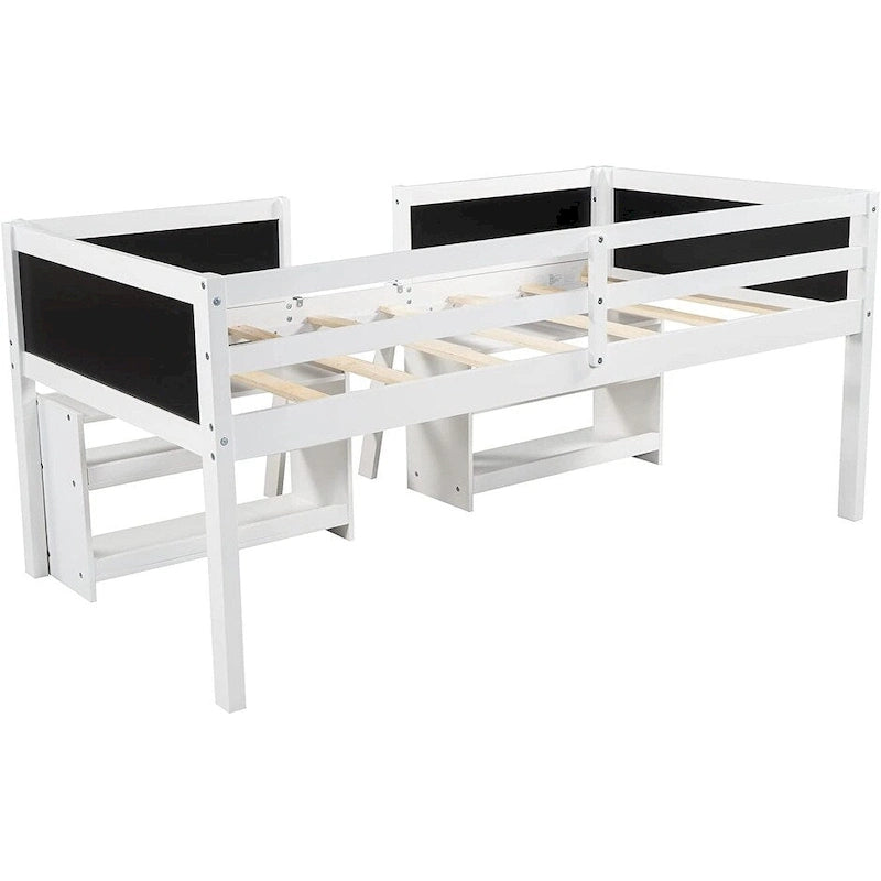 Twin Size Low Loft Bed with 2 Movable Shelves and Ladder & Chalkboard