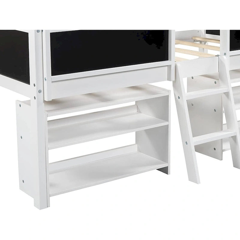 Twin Size Low Loft Bed with 2 Movable Shelves and Ladder & Chalkboard