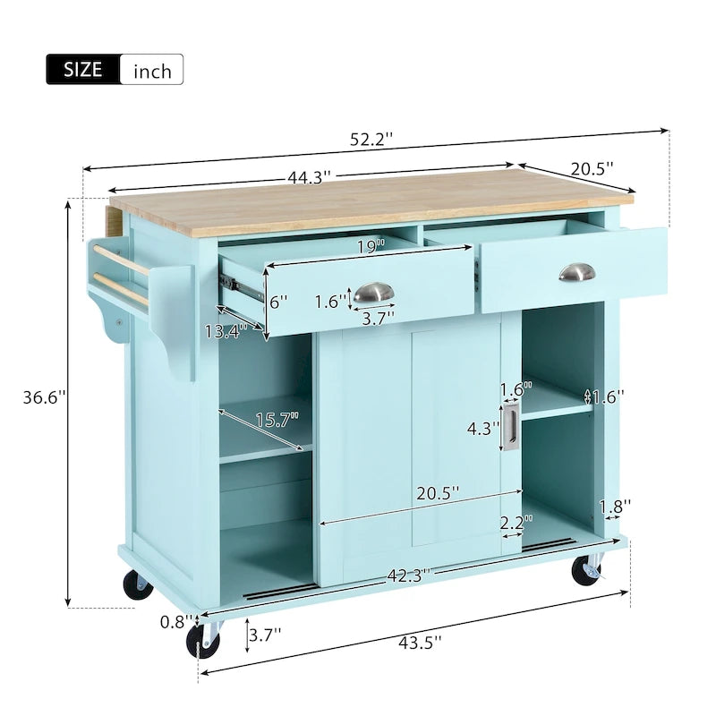 Kitchen Cart Featuring Rubber Wood Drop-Leaf Countertop, Adjustable Height, and Concealed Sliding Barn Door Storage