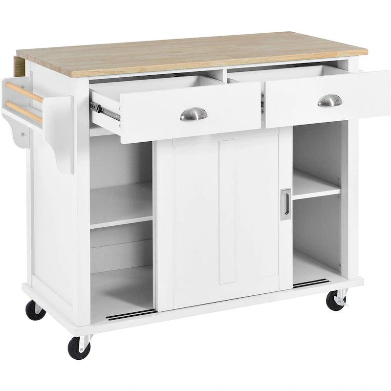 Kitchen Cart Featuring Rubber Wood Drop-Leaf Countertop, Adjustable Height, and Concealed Sliding Barn Door Storage
