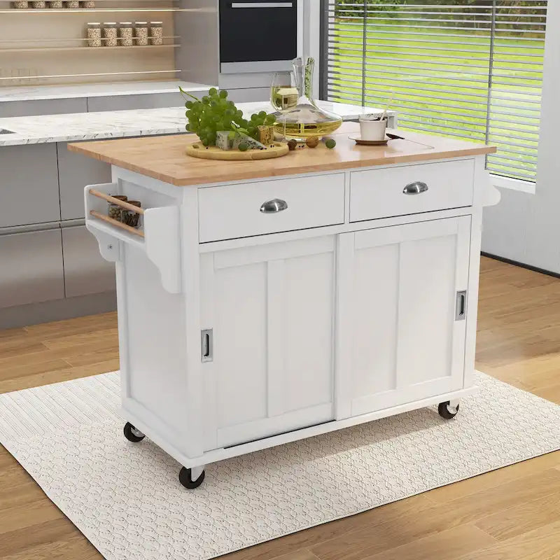 Kitchen Cart Featuring Rubber Wood Drop-Leaf Countertop, Adjustable Height, and Concealed Sliding Barn Door Storage