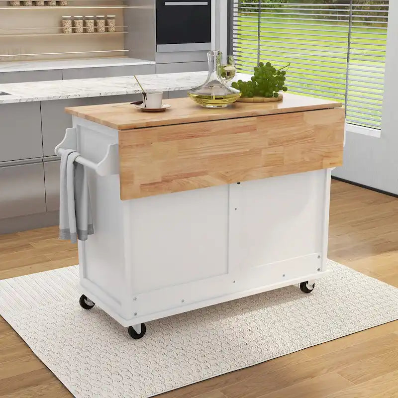 Kitchen Cart Featuring Rubber Wood Drop-Leaf Countertop, Adjustable Height, and Concealed Sliding Barn Door Storage