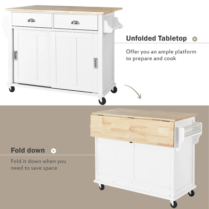 Kitchen Cart Featuring Rubber Wood Drop-Leaf Countertop, Adjustable Height, and Concealed Sliding Barn Door Storage