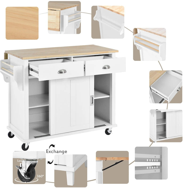 Kitchen Cart Featuring Rubber Wood Drop-Leaf Countertop, Adjustable Height, and Concealed Sliding Barn Door Storage
