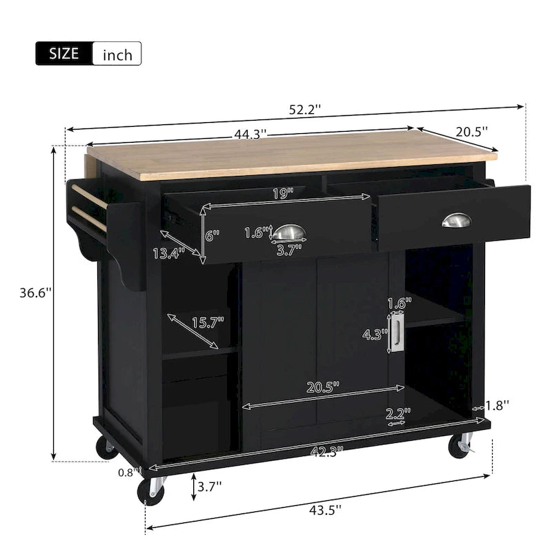 Kitchen Cart Featuring Rubber Wood Drop-Leaf Countertop, Adjustable Height, and Concealed Sliding Barn Door Storage