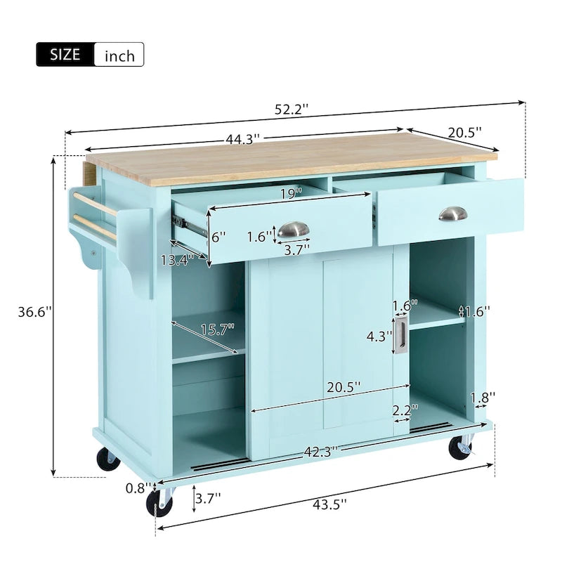 Kitchen Cart Featuring Rubber Wood Drop-Leaf Countertop, Adjustable Height, and Concealed Sliding Barn Door Storage