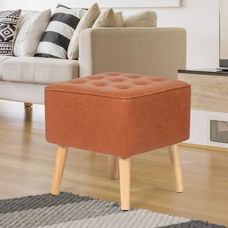 Adeco Square Faux Leather Tufted Footstool Ottoman Footrest Stool