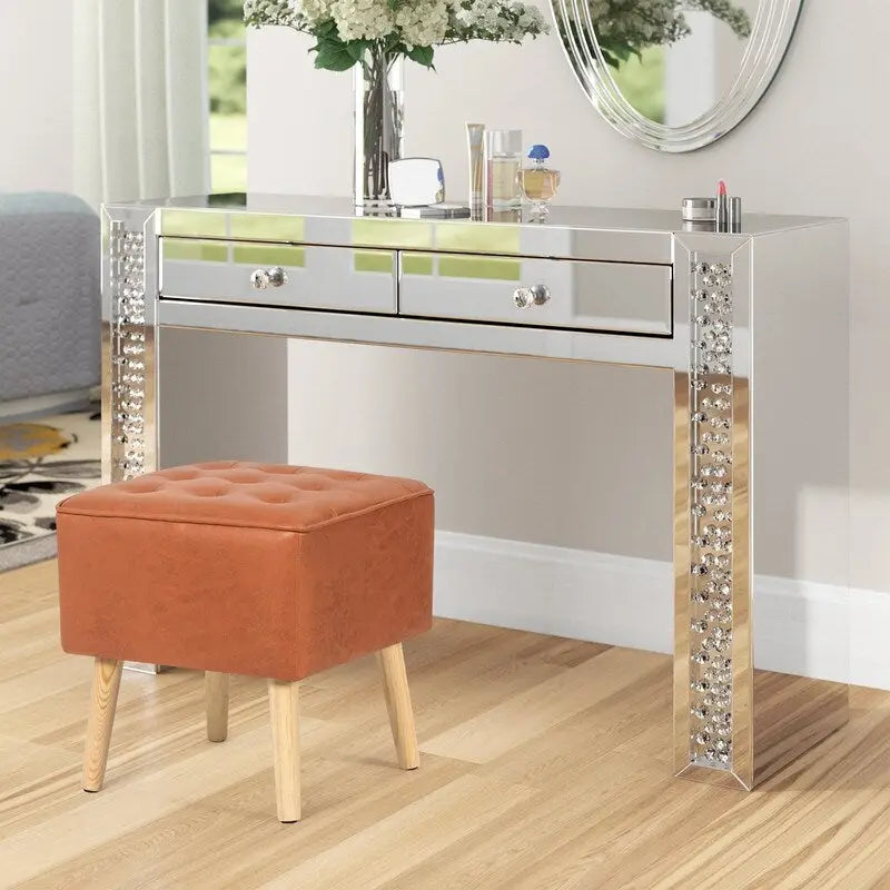 Adeco Square Faux Leather Tufted Footstool Ottoman Footrest Stool