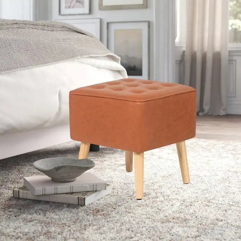 Adeco Square Faux Leather Tufted Footstool Ottoman Footrest Stool