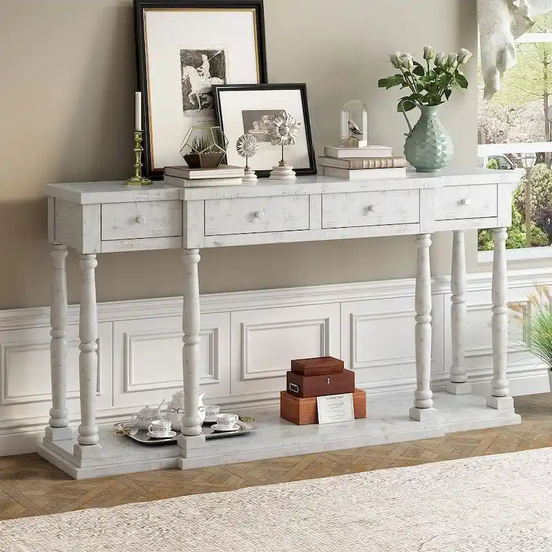 Retro Senior 4-Drawer 1-Shelf Console Table, Classic Entrance Display Table Entryway Table, Storage Sofa Table