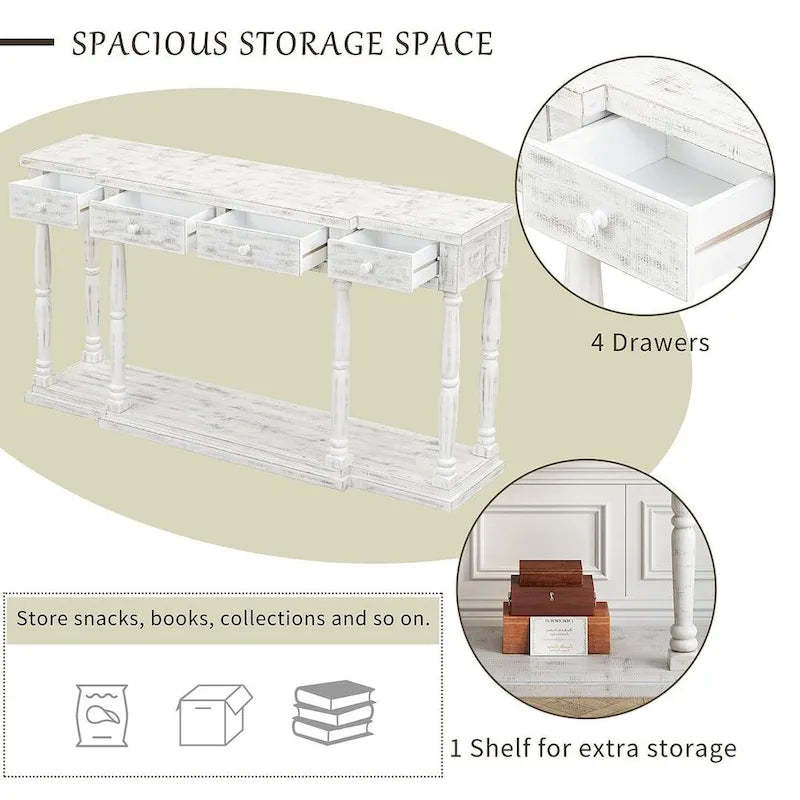 Retro Senior 4-Drawer 1-Shelf Console Table, Classic Entrance Display Table Entryway Table, Storage Sofa Table