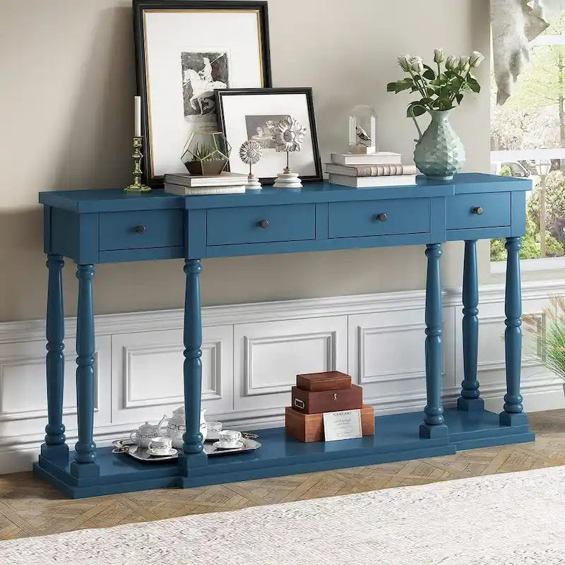 Retro Senior 4-Drawer 1-Shelf Console Table, Classic Entrance Display Table Entryway Table, Storage Sofa Table
