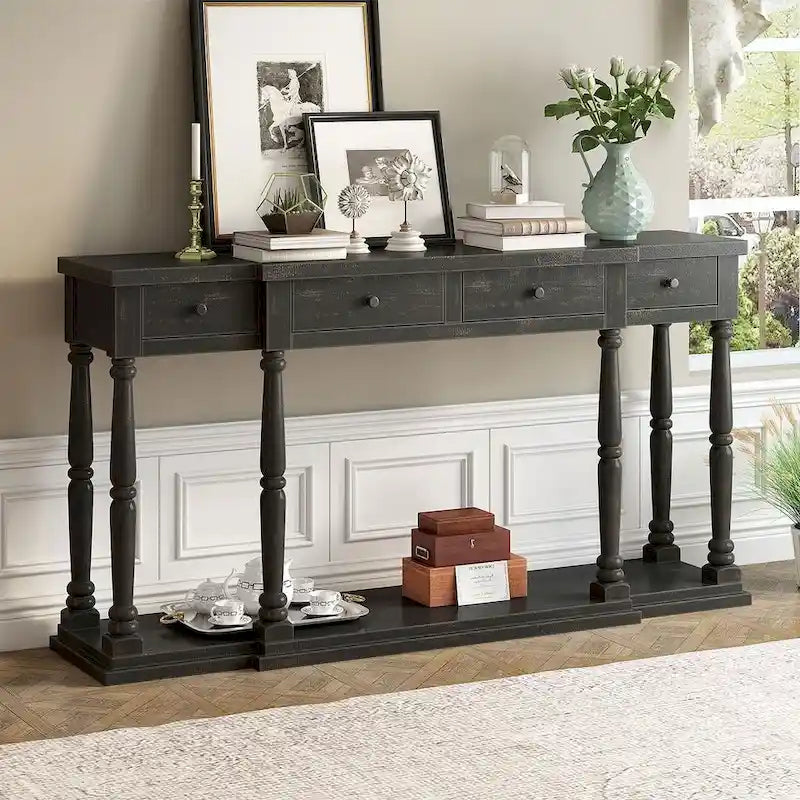 Retro Senior 4-Drawer 1-Shelf Console Table, Classic Entrance Display Table Entryway Table, Storage Sofa Table