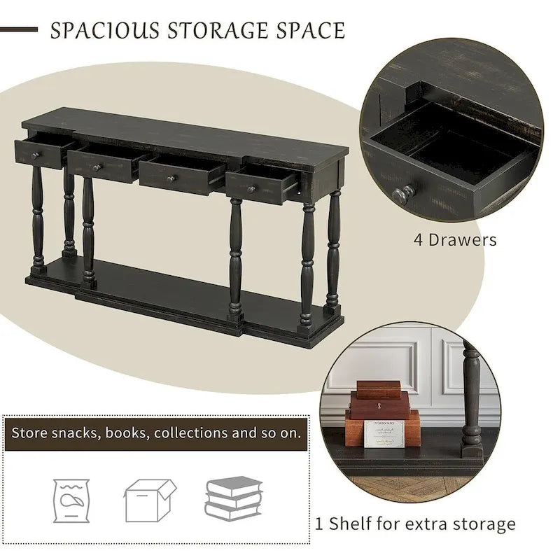 Retro Senior 4-Drawer 1-Shelf Console Table, Classic Entrance Display Table Entryway Table, Storage Sofa Table