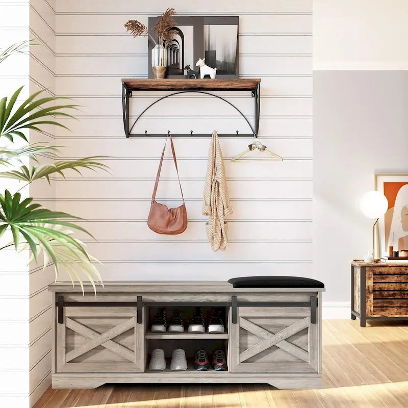 47 Farmhouse Entryway Shoe Bench with Thickened Cushion