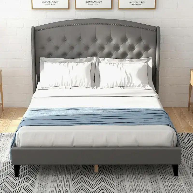 Upholsted Bed Frame with Wingback Headboard, Full Size
