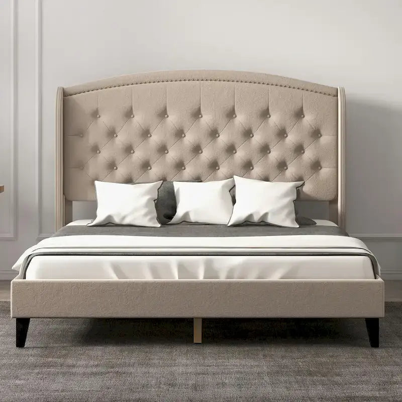 Upholsted Bed Frame with Wingback Headboard, Full Size