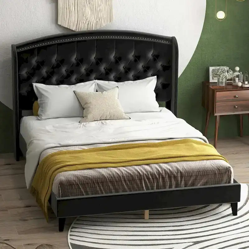Upholsted Bed Frame with Wingback Headboard, Full Size