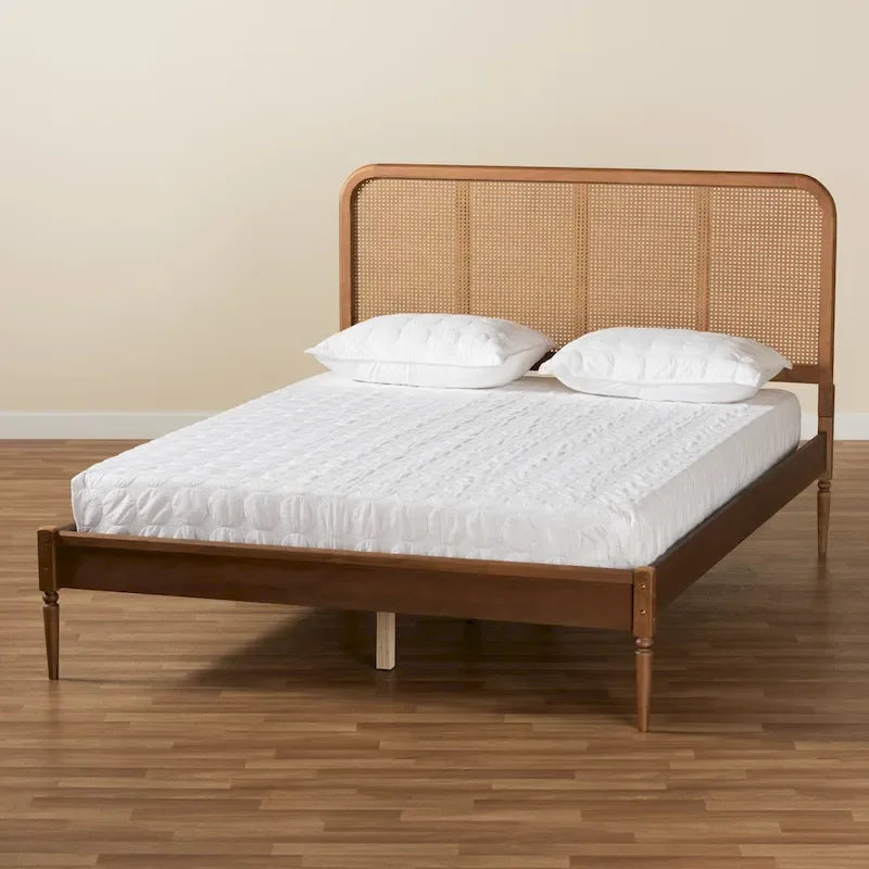Elston Mid-Century Modern Synthetic Rattan Wood Platform Bed -Walnut