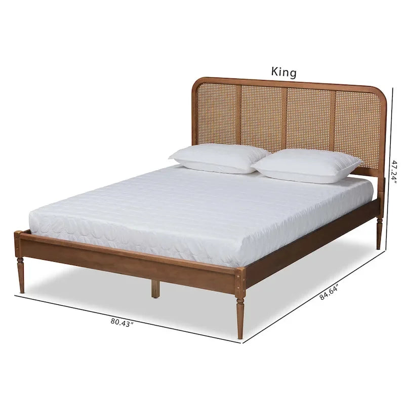 Elston Mid-Century Modern Synthetic Rattan Wood Platform Bed -Walnut
