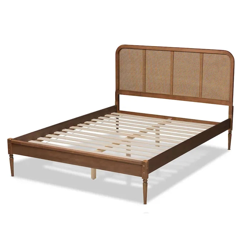 Elston Mid-Century Modern Synthetic Rattan Wood Platform Bed -Walnut
