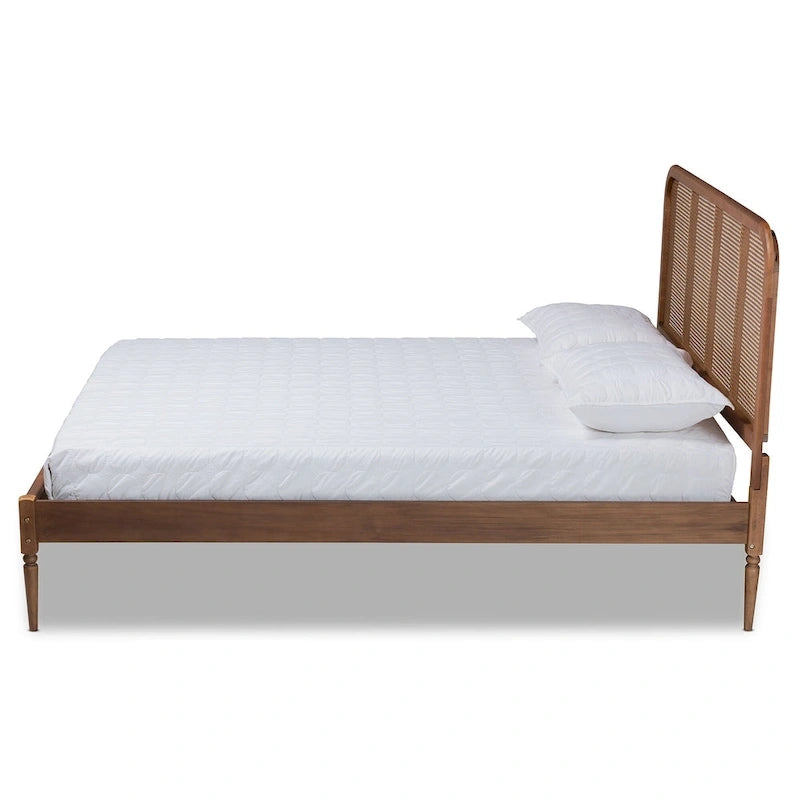 Elston Mid-Century Modern Synthetic Rattan Wood Platform Bed -Walnut