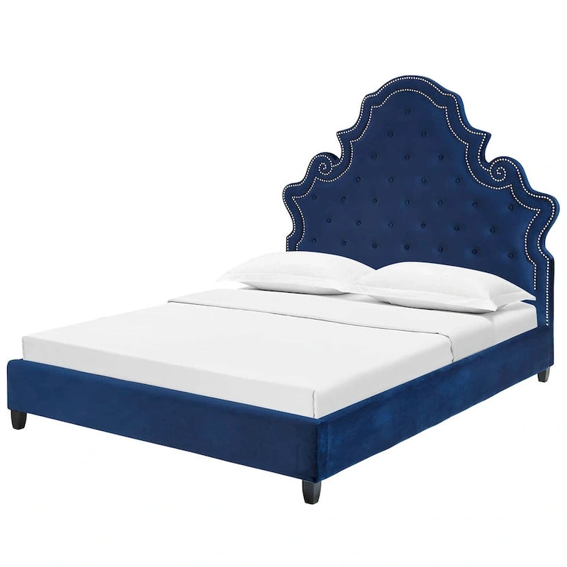 Ambridge Button Tufted Blue Velvet Upholstered Queen Size Platform Bed with Nailhead Trim