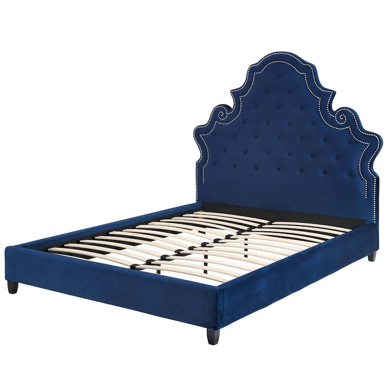 Ambridge Button Tufted Blue Velvet Upholstered Queen Size Platform Bed with Nailhead Trim