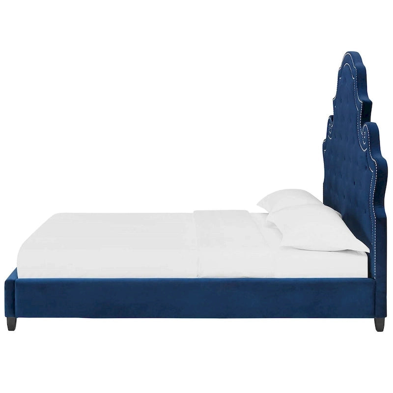 Ambridge Button Tufted Blue Velvet Upholstered Queen Size Platform Bed with Nailhead Trim
