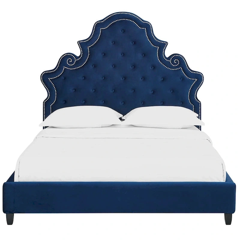 Ambridge Button Tufted Blue Velvet Upholstered Queen Size Platform Bed with Nailhead Trim