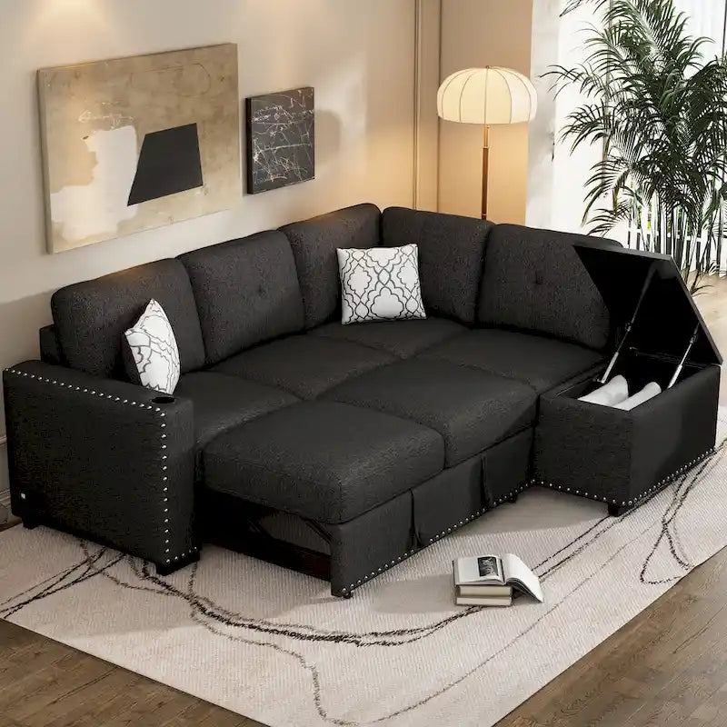 83.8 Sectional Pull-Out Sofa Bed L-Shaped Corner Sofa Couch with Storage Chaise, USB Ports, Power Sockets, Cup Holder for Livin