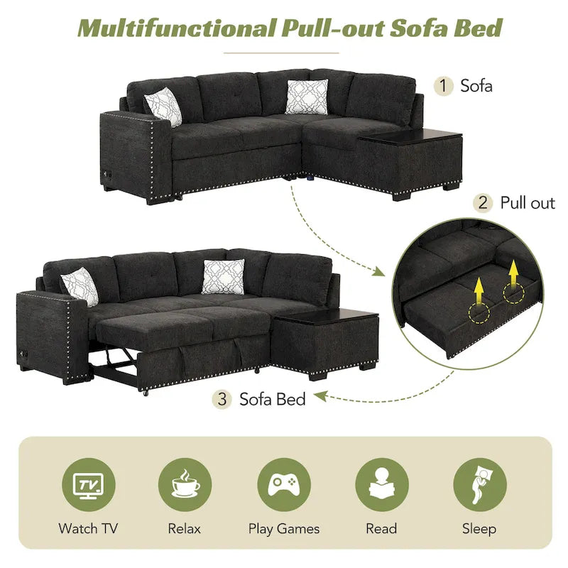 83.8 Sectional Pull-Out Sofa Bed L-Shaped Corner Sofa Couch with Storage Chaise, USB Ports, Power Sockets, Cup Holder for Livin