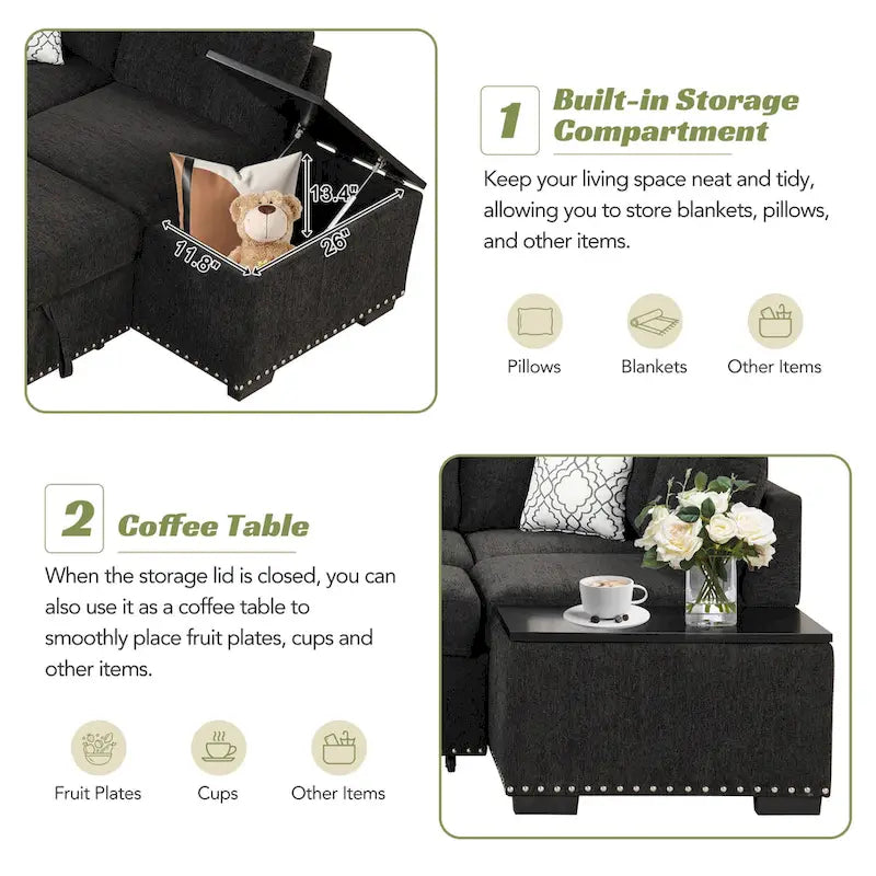 83.8 Sectional Pull-Out Sofa Bed L-Shaped Corner Sofa Couch with Storage Chaise, USB Ports, Power Sockets, Cup Holder for Livin