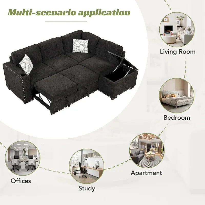 83.8 Sectional Pull-Out Sofa Bed L-Shaped Corner Sofa Couch with Storage Chaise, USB Ports, Power Sockets, Cup Holder for Livin
