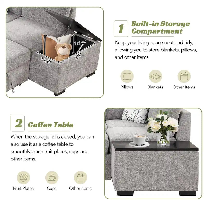 83.8 Sectional Pull-Out Sofa Bed L-Shaped Corner Sofa Couch with Storage Chaise, USB Ports, Power Sockets, Cup Holder for Livin