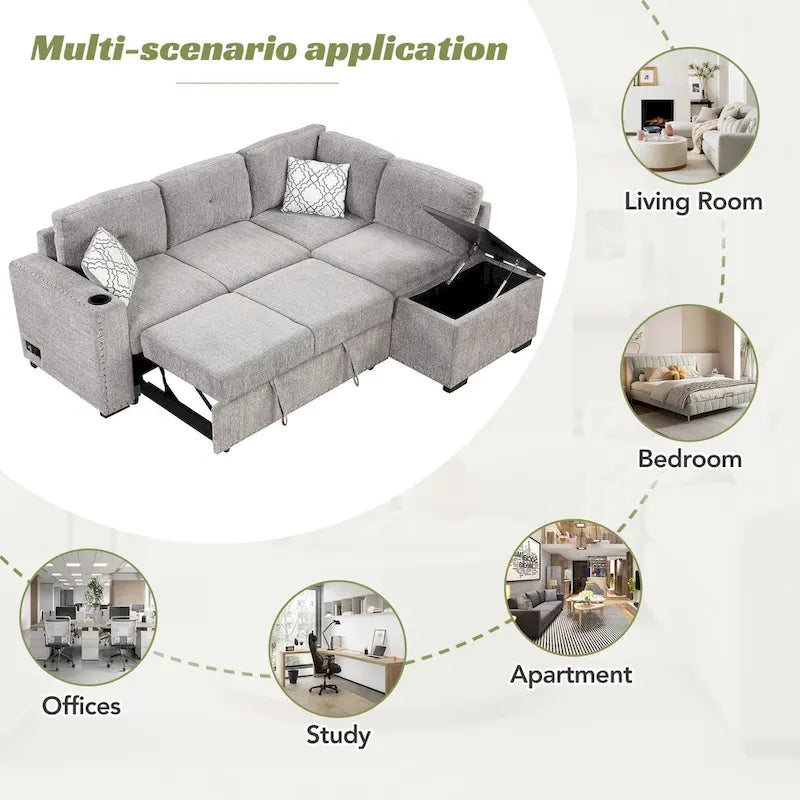 83.8 Sectional Pull-Out Sofa Bed L-Shaped Corner Sofa Couch with Storage Chaise, USB Ports, Power Sockets, Cup Holder for Livin