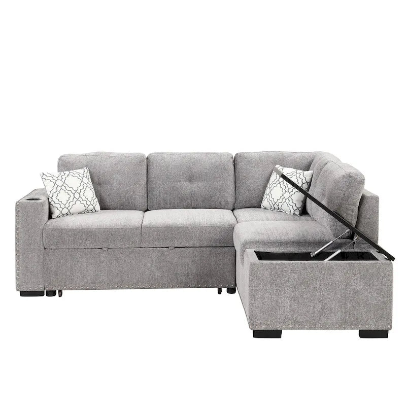 83.8 Sectional Pull-Out Sofa Bed L-Shaped Corner Sofa Couch with Storage Chaise, USB Ports, Power Sockets, Cup Holder for Livin