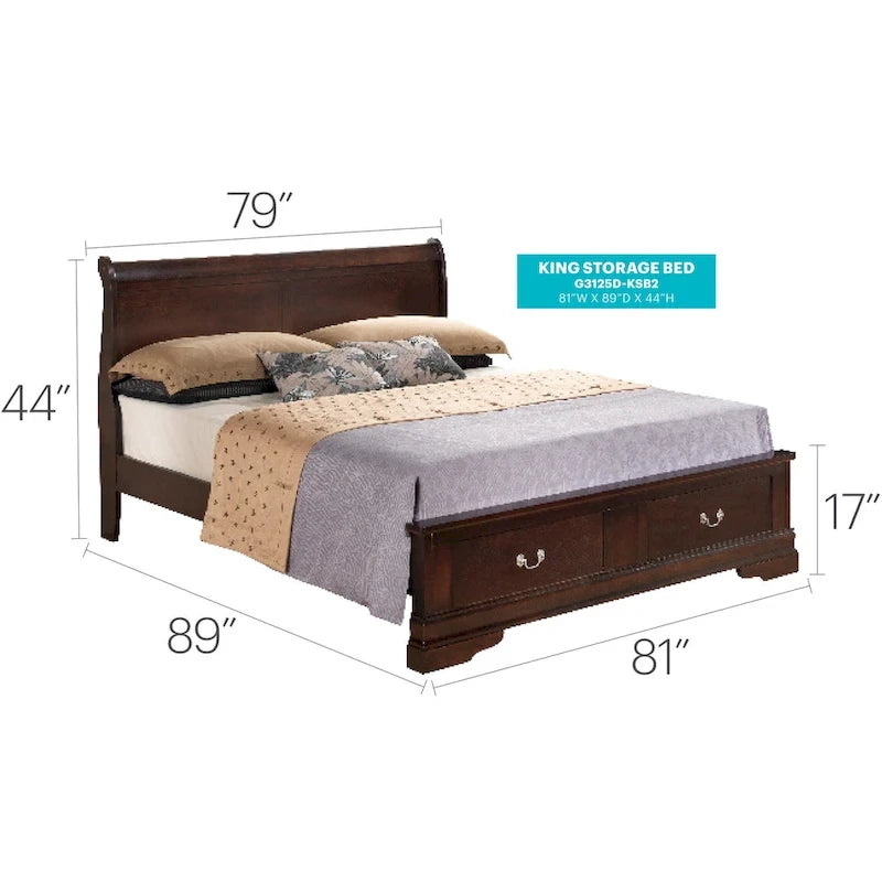 Louis Philippe King Storage Wood Panel Bed